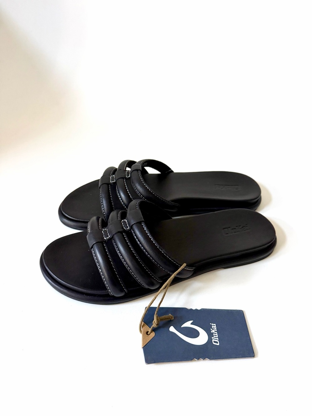 Olukai Tiare Leather Strappy Slide Sandals Sz 9 Black